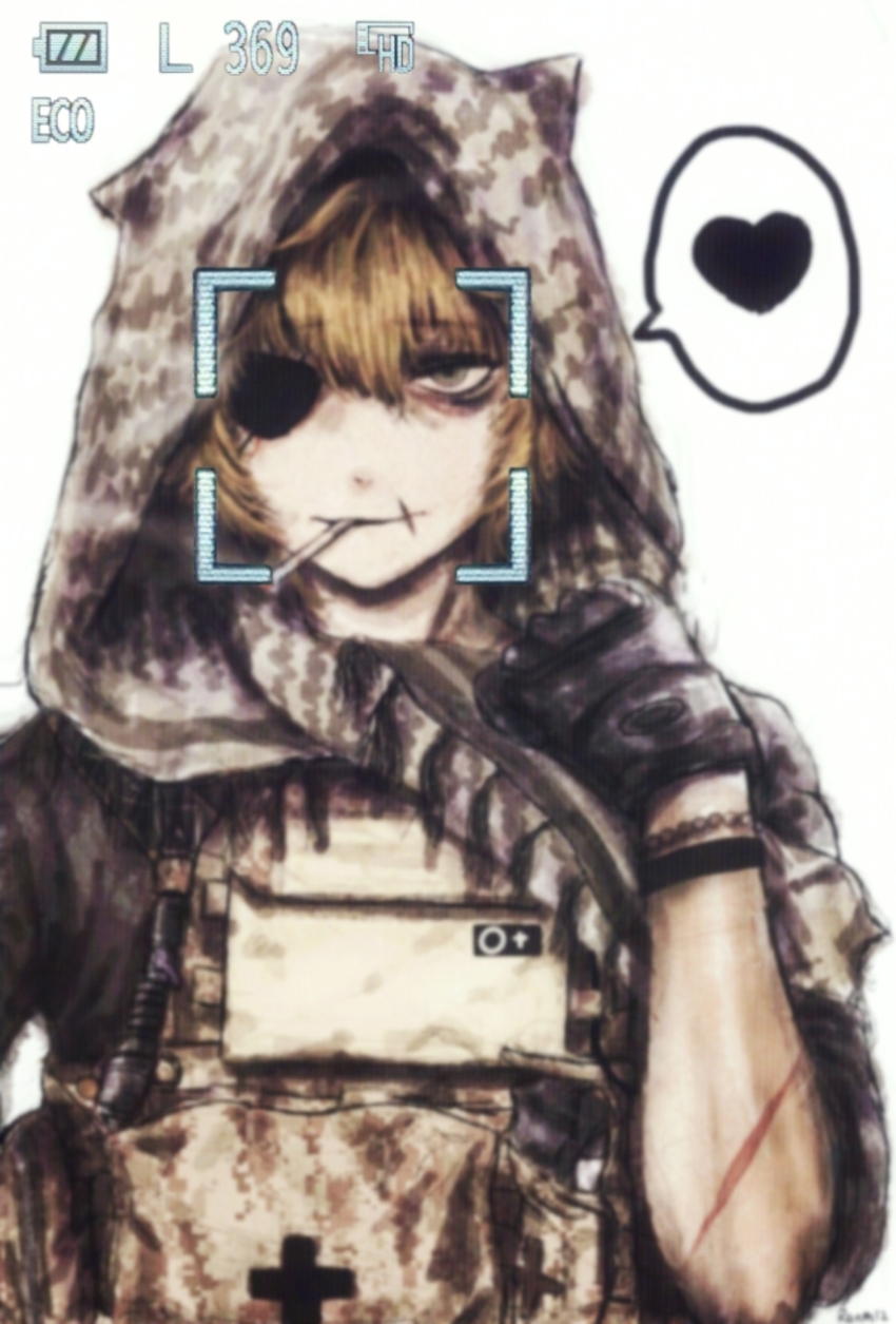 bags_under_eyes battery_indicator blonde_hair bracelet bulletproof_vest camouflage camouflage_headwear camouflage_vest cigarette eyepatch gloves heart highres jewelry medium_hair military_uniform original ranm12s scar scar_on_arm scar_on_lip signature simple_background smoking speech_bubble vest viewfinder white_background