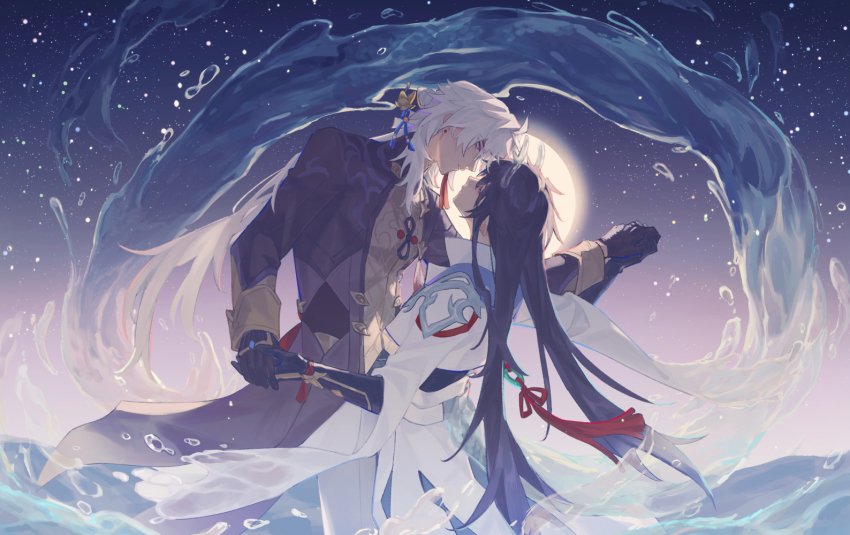 2boys black_coat black_gloves black_hair blade_(honkai:_star_rail) chinese_clothes closed_eyes closed_mouth coat dan_feng_(honkai:_star_rail) dan_heng_(honkai:_star_rail) dan_heng_(imbibitor_lunae)_(honkai:_star_rail) dancing dragon_boy dragon_horns earrings full_moon gloves hair_between_eyes hair_ornament holding holding_hands honkai:_star_rail honkai_(series) horns jewelry long_hair long_sleeves looking_at_another male_focus moon multiple_boys night night_sky ocean outdoors pants sky standing star_(sky) starry_sky tassel tassel_earrings very_long_hair water waves white_coat white_hair wide_sleeves yaoi yingxing_(honkai:_star_rail) zhao_yi