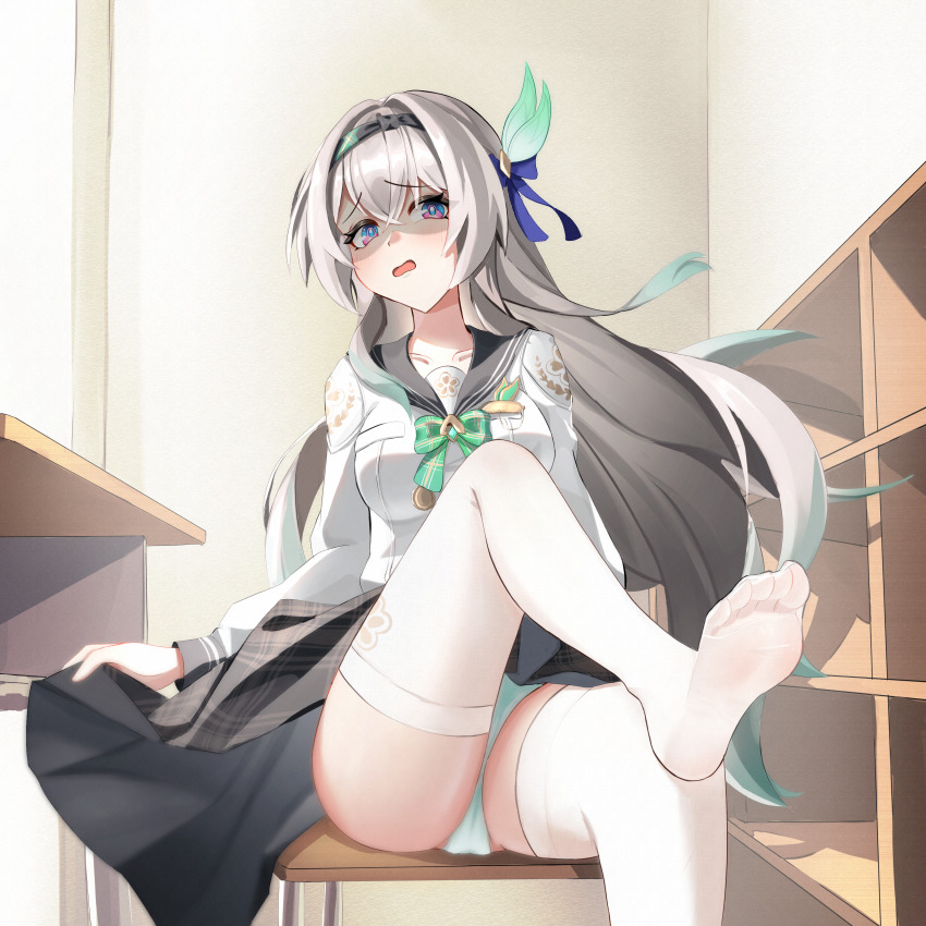 1girl absurdres black_bow black_hairband blue_eyes blush bow bowtie breasts chen_kang collarbone commentary disgust feet firefly_(honkai:_star_rail) firefly_(spring_missive)_(honkai:_star_rail) foot_out_of_frame gradient_hair green_bow green_bowtie green_hair green_panties grey_hair grey_sailor_collar grey_skirt hair_between_eyes hair_bow hairband highres honkai:_star_rail honkai_(series) indoors large_breasts long_hair long_sleeves looking_at_viewer multicolored_eyes multicolored_hair no_shoes official_alternate_costume open_mouth panties partially_shaded_face purple_eyes sailor_collar school_uniform serafuku shirt skirt soles solo teeth thighhighs thighs toes two-tone_eyes underwear upper_teeth_only variant_set very_long_hair white_shirt white_thighhighs