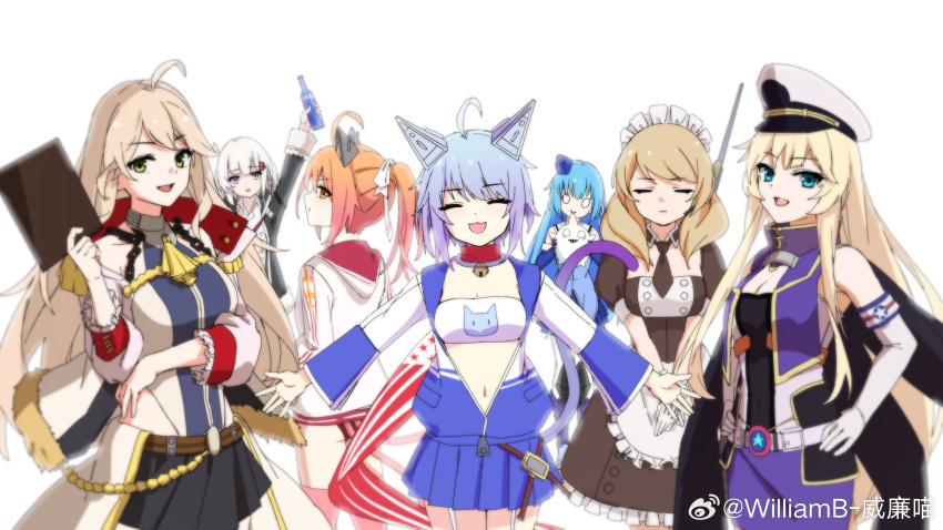6+girls absurdres ahoge alcohol american_flag animal_ears apron atlanta_(warship_girls_r) beer beer_bottle bell blonde_hair blue_eyes blue_hair bottle breasts cat_ears cleavage closed_eyes collar dress elbow_gloves enterprise_(warship_girls_r) gloves green_eyes gun hat highres holding holding_bottle jacket juneau_(warship_girls_r) long_hair looking_at_viewer maid maid_apron maid_headdress medium_breasts midriff missouri_(warship_girls_r) multiple_girls navel neck_bell necktie open_mouth orange_hair peaked_cap quincy_(warship_girls_r) renown_(warship_girls_r) short_hair skirt smile sovetsky_soyuz_(warship_girls_r) twintails twitter_username warship_girls_r watermark weapon weibo_watermark white_background white_gloves white_hair williamb wine_bottle