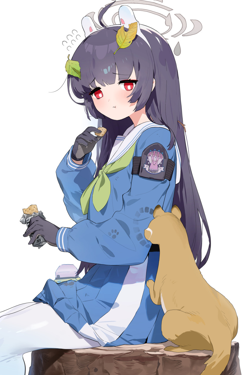 1girl absurdres animal animal_ear_hairband animal_ears black_gloves blue_archive blue_shirt chewing dirty dirty_clothes eating fake_animal_ears flying_sweatdrops food footprints gasari_(jongh1803) gloves green_neckerchief grey_pantyhose hairband highres holding holding_food leaf leaf_on_head long_hair miyu_(blue_archive) mongoose neckerchief pantyhose paw_print rabbit_ears rabbit_platoon_(blue_archive) red_eyes shirt simple_background sitting on_tree_stump twig white_background