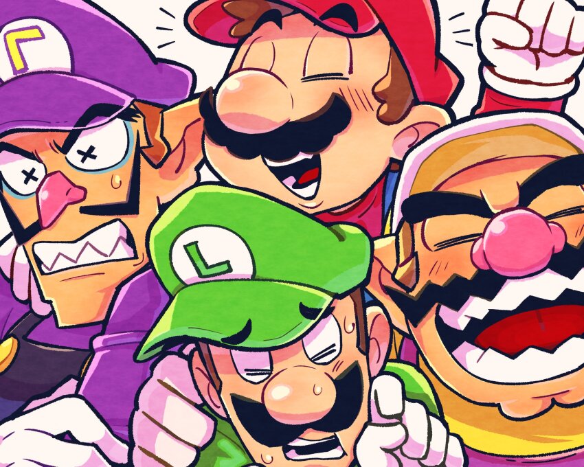 4boys black_overalls brown_hair cheering closed_eyes facial_hair gloves green_hat green_shirt happy hat highres long_sleeves luigi male_focus mario mario_(series) mature_male multiple_boys mustache nintendo open_mouth overalls pointy_ears purple_hat purple_overalls purple_shirt red_hat red_shirt sharp_teeth shirt sweat sweatdrop symbol-shaped_pupils teeth tongue waluigi wario white_background white_gloves x-shaped_pupils yellow_hat yellow_shirt yowasabimechaoc