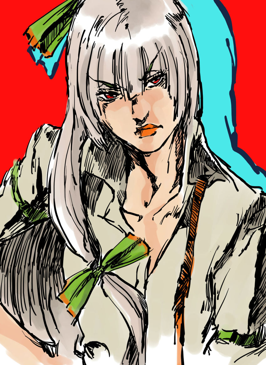 1girl araki_hirohiko_(style) bow closed_mouth drop_shadow female_focus fujiwara_no_mokou green_bow grey_hair hair_bow highres looking_at_viewer nameo_(judgemasterkou) red_background red_eyes shirt solo touhou upper_body white_hair