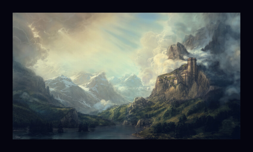 absurdres black_border blue_sky border building cloud cloudy_sky commentary day english_commentary fog highres hill house krita_(medium) landscape light_rays mountain nature no_humans original outdoors philipp_urlich river scenery signature sky sunbeam sunlight tower town tree valley water