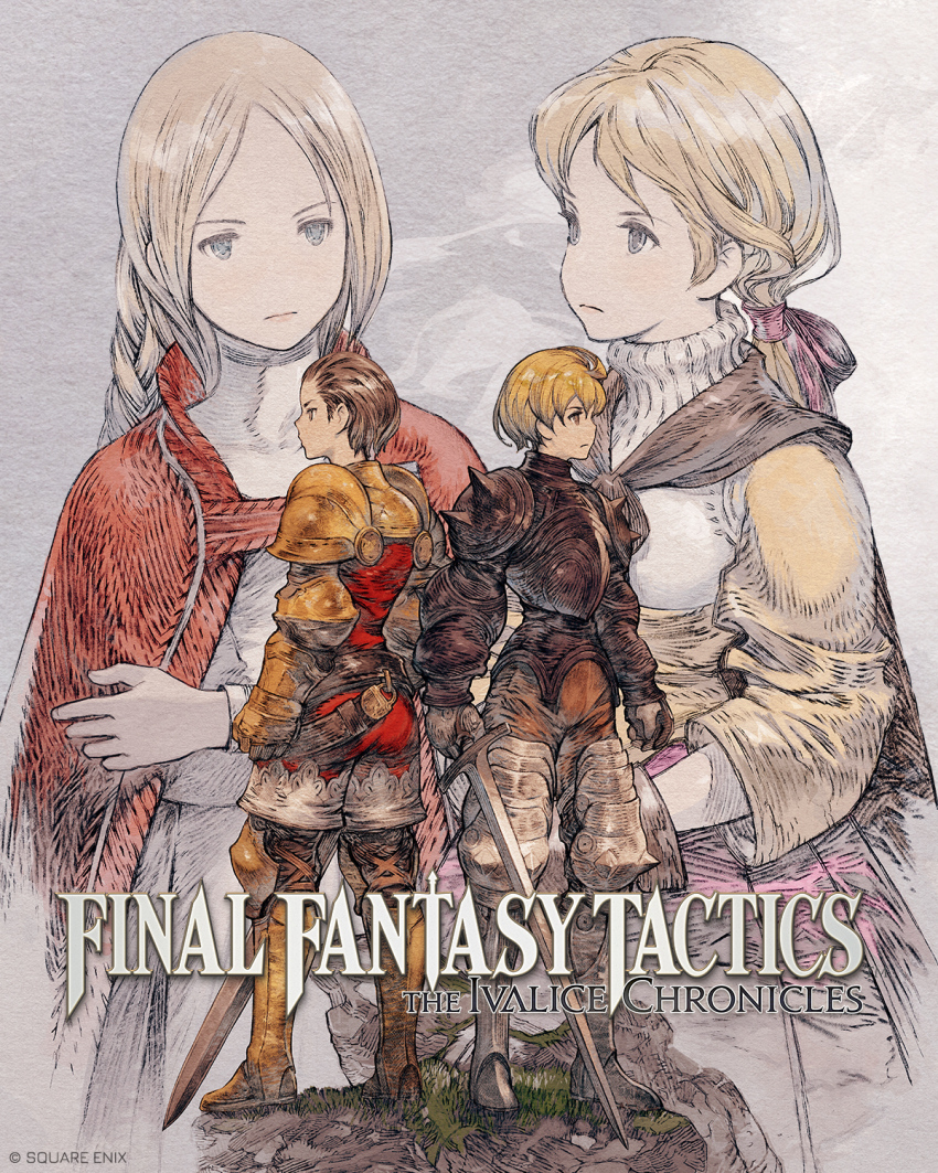 2boys 2girls ahoge alma_beoulve armor armored_boots ass back-to-back belt black_armor blonde_hair blue_eyes boots bow braid braided_ponytail brown_belt brown_cape brown_eyes brown_gloves brown_pants cape cape_clasp character_background cloud commentary copyright_name copyright_notice couter cover cowboy_shot crossed_arms cuirass delita_heiral dress elbow_pads faulds final_fantasy final_fantasy_tactics fingernails from_behind full_body gauntlets gloves gold_armor gradient_background grass greaves grey_background hair_bow hair_ribbon hatching_(texture) highres holding holding_sword holding_weapon initial knee_pads knee_spikes knight leather leather_boots linear_hatching logo long_dress long_hair long_sleeves looking_to_the_side low_ponytail mismatched_eyebrows multiple_boys multiple_girls official_art on_rock ovelia_atkascha own_hands_together pants pink_bow pink_lips pink_skirt poleyn ponytail ramza_beoulve red_cape red_dress red_shirt red_shorts ribbed_collar ribbon sabaton seams shirt shorts shoulder_armor shoulder_spikes sidelocks signature skirt spikes square_enix sword tress_ribbon turtleneck turtleneck_dress two-tone_shorts utility_belt video_game_cover waistband weapon white_background white_shirt white_shorts yellow_eyes yellow_sleeves yoshida_akihiko