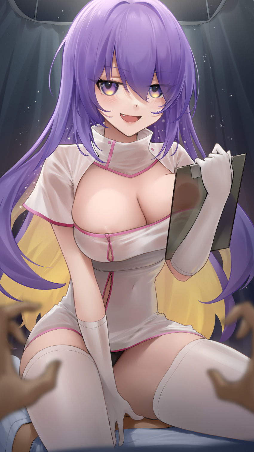 1girl 1other absurdres alternate_costume blush breasts cleavage clipboard colored_inner_hair commentary dress fang gloves hair_between_eyes hair_intakes highres holding holding_clipboard hololive hololive_indonesia large_breasts looking_at_viewer moona_hoshinova multicolored_hair nurse open_mouth pov pov_hands privacy_screen purple_eyes purple_hair see-through_clothes see-through_dress short_sleeves smile solo somebody_(leiking00) thighhighs thighs virtual_youtuber white_dress white_gloves white_thighhighs
