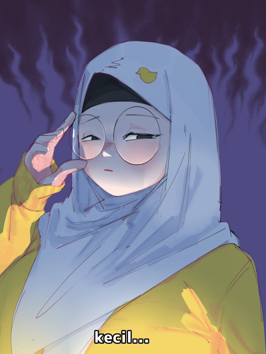 1girl adjusting_eyewear alv4febrian ayuu_(alv4febrian) glasses highres hijab looking_at_viewer narrowed_eyes original portrait round_eyewear solo subtitled sweater translation_request white_hijab yellow_sweater