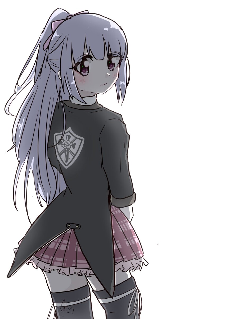 1girl absurdres artist_name assault_lily black_jacket black_thighhighs blush bow brown_skirt closed_mouth commentary_request cowboy_shot frilled_skirt frills from_behind fukuyama_jeanne_sachie grey_hair hair_bow half_updo highres jacket leg_ribbon light_smile long_hair long_sleeves looking_at_viewer looking_back ludvico_private_girls&#039;_academy_school_uniform miniskirt misau pink_bow pink_eyes plaid_clothes plaid_skirt ribbon school_uniform simple_background skirt solo standing thigh_ribbon thighhighs white_background white_ribbon zettai_ryouiki