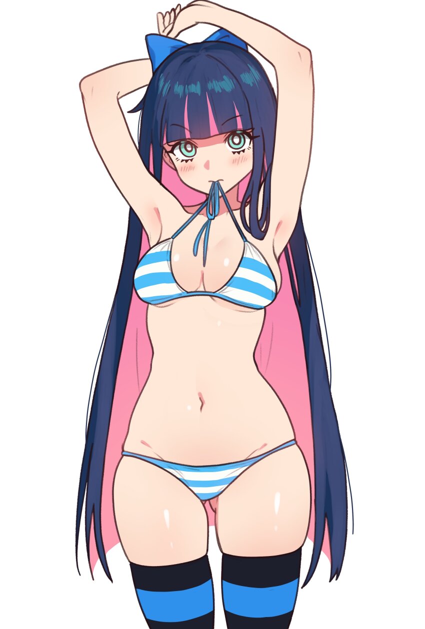 1girl absurdres armpits arms_up bikini blush bow bra bra_in_mouth breasts clothes_in_mouth cowboy_shot cowlick ebora eyeliner focused from_front green_eyes hair_bow hair_ornament hair_over_shoulder highres hip_bones large_breasts long_hair looking_up makeup multicolored_hair navel panties panty_&amp;_stocking_with_garterbelt pink_hair purple_hair shaded_face skindentation solo standing stocking_(character) stocking_(psg) striped_bra striped_clothes striped_panties striped_thighhighs swimsuit tagme thighhighs two-tone_hair underwear white_background