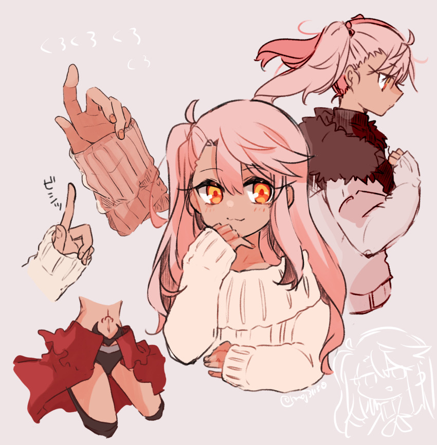 1girl :3 black_panties chloe_von_einzbern chloe_von_einzbern_(archer_install) commentary_request cropped_torso dark-skinned_female dark_skin expressionless fate/kaleid_liner_prisma_illya fate_(series) fingernails from_side fur-trimmed_jacket fur_trim grey_background hair_between_eyes hand_on_own_chest highres index_finger_raised jacket long_sleeves looking_at_viewer multiple_views navel official_alternate_costume one_side_up panties pink_hair saihara showgirl_skirt sidelocks simple_background smile stomach_tattoo tattoo translation_request twintails twitter_username underwear upper_body white_jacket yellow_eyes