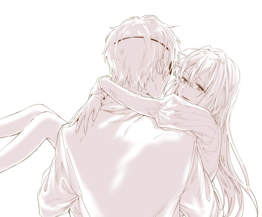1boy 1girl arms_around_neck bad_id bad_pixiv_id carrying carrying_person couple eyepatch from_behind gilbert_bougainvillea gloves greyscale happy hetero highres juliet_sleeves long_hair long_sleeves looking_at_another monochrome nijiko_(10437772) princess_carry puffy_sleeves short_hair simple_background smile violet_evergarden violet_evergarden_(series) white_background