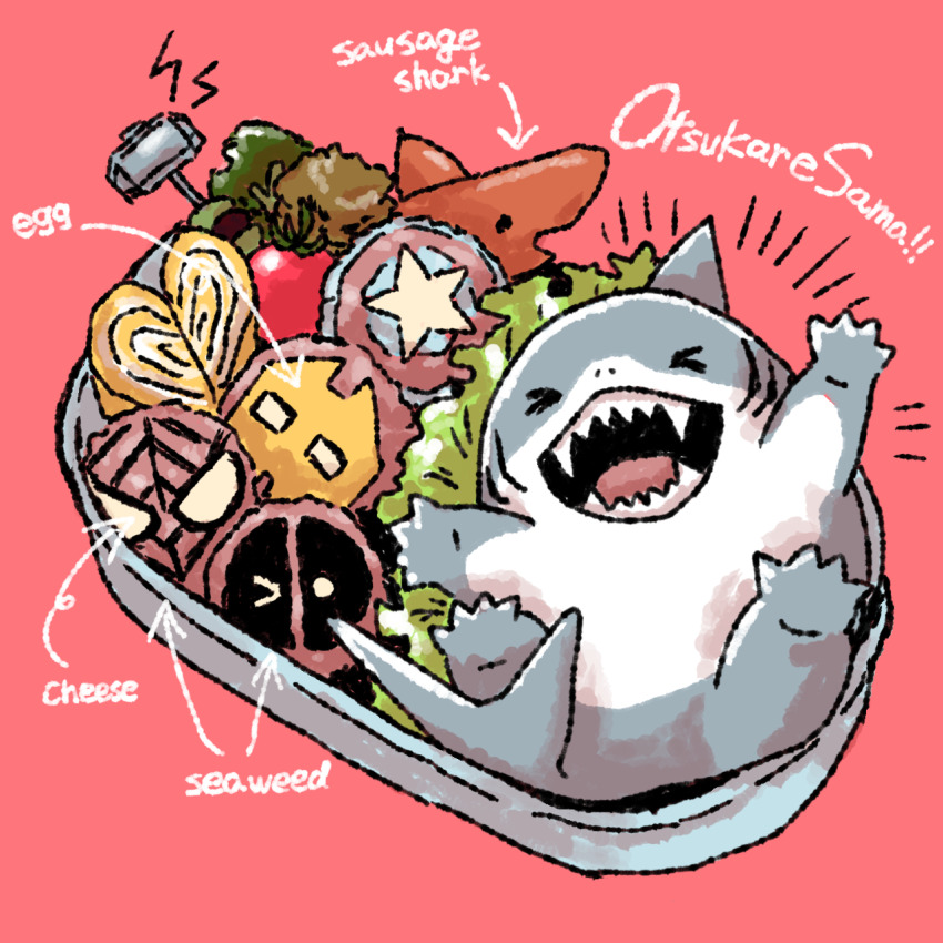 &gt;_&lt; 1boy bento cani captain_america&#039;s_shield commentary_request deadpool english_text fangs fins fish_tail food gills heart highres iron_man jeff_(marvel) lettuce looking_at_viewer lying male_focus marvel mjolnir_(marvel) notice_lines omelet on_back open_mouth pink_background shark shark_fin shark_tail smile spider-man tail tamagoyaki tomato vegetable