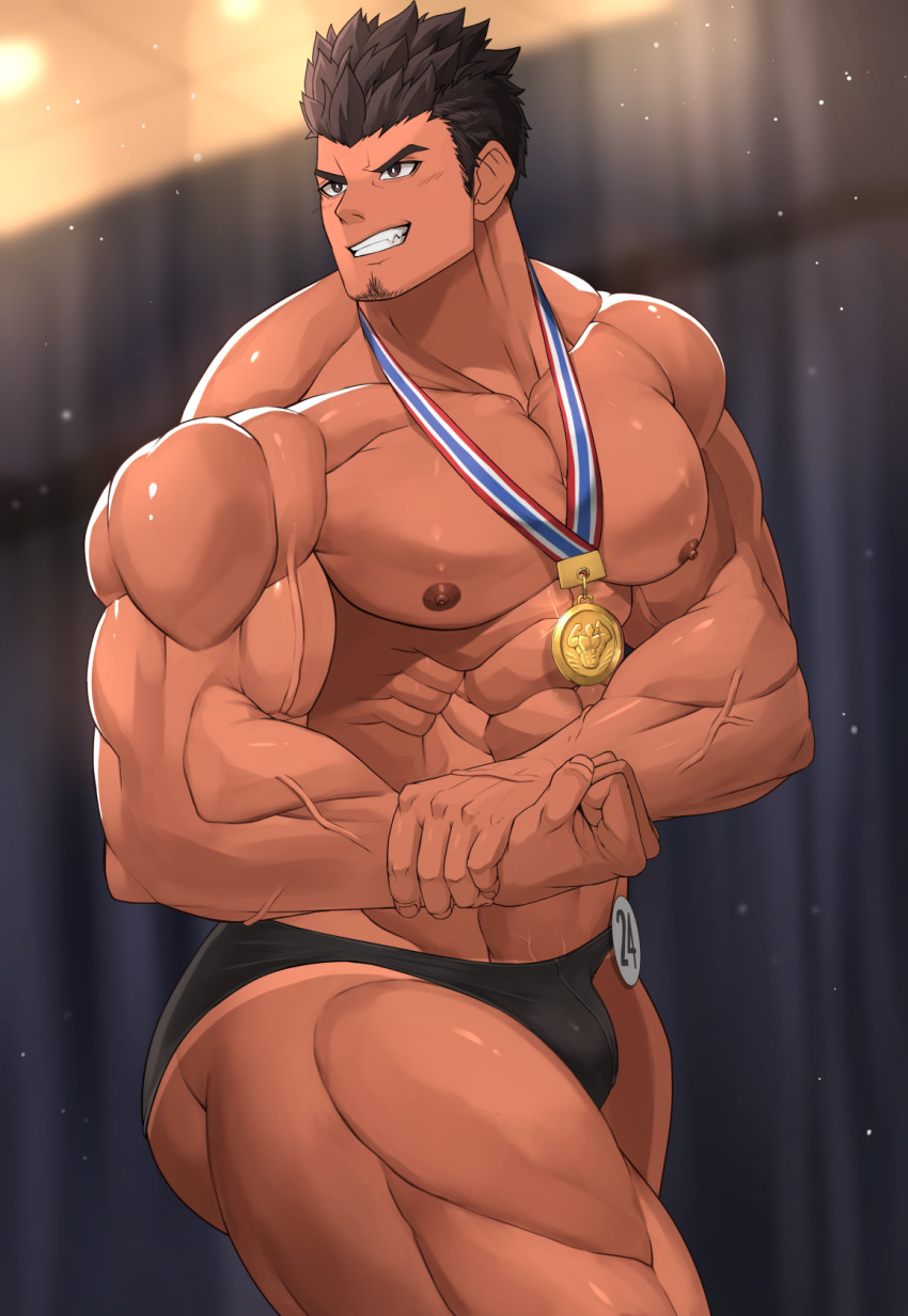1boy abs ass bara bellsaltr biceps black_eyes black_hair bodybuilder bulge contest_winner flexing highres large_pectorals male_focus male_swimwear manly mature_male medal muscular muscular_arms muscular_legs muscular_male nipples no_pants original pectorals side_chest_pose smirk solo spiked_hair stage stage_lights swim_briefs teeth thick_eyebrows thighs topless_male veins