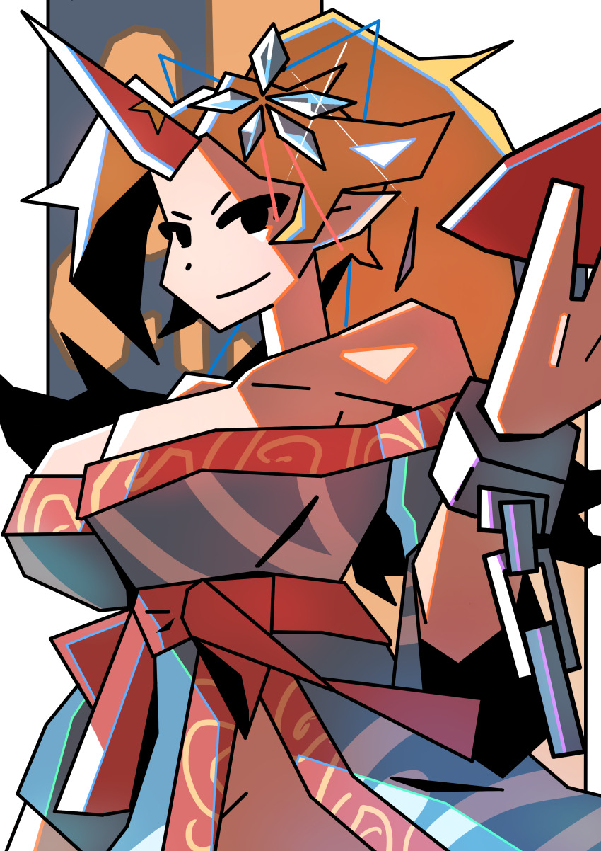 1girl absurdres bare_shoulders blonde_hair breasts cuffs cup highres holding holding_cup horns hoshiguma_yuugi japanese_clothes kimono large_breasts no_panties oni pointy_ears sakazuki sarashi shackles single_horn smile solo tommyyu4000 touhou