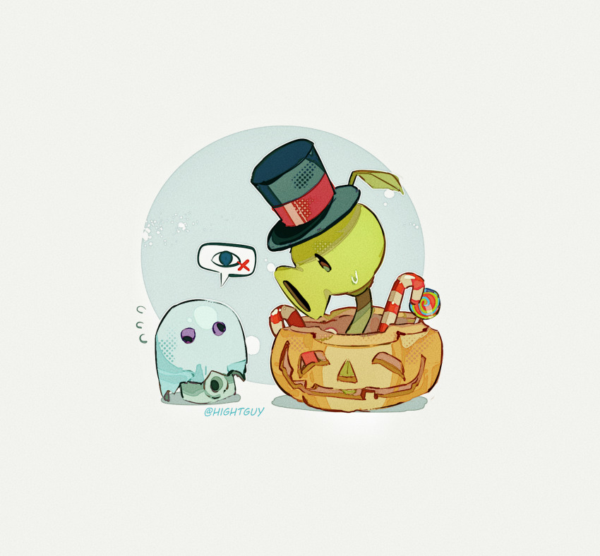 candy food ghost hat highres hightguy lollipop no_humans peashooter_(plants_vs._zombies) plant plants_vs._zombies puff-shroom_(plants_vs._zombies) pumpkin speech_bubble swirl_lollipop white_background