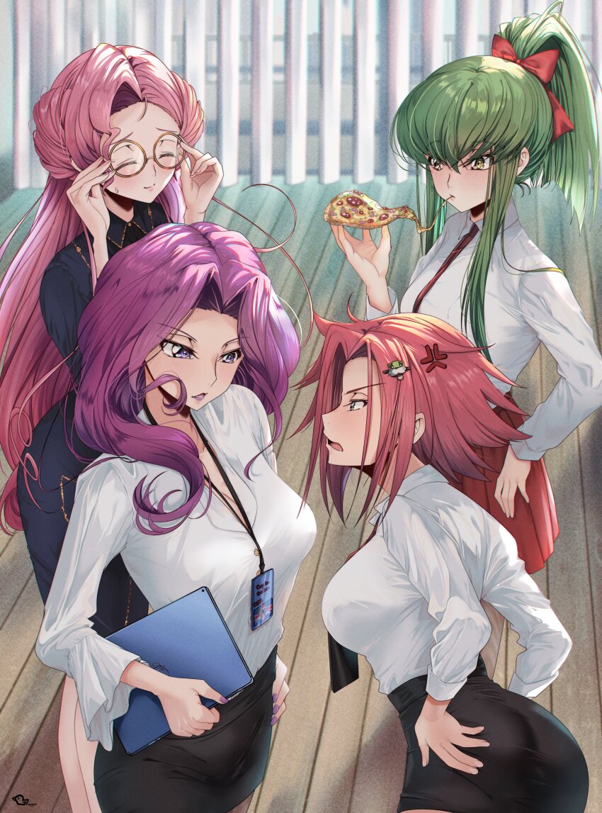 absurdres bare_legs black_skirt budgiepon c.c. code_geass cornelia_li_britannia euphemia_li_britannia food glasses green_hair hair_ornament highres kouzuki_kallen long_hair necktie pencil_skirt pink_hair pizza ponytail purple_eyes purple_hair red_hair shirt short_hair skirt white_shirt yellow_eyes