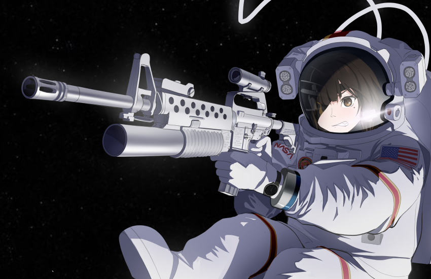 absurdres assault_rifle astronaut blunt_bangs braid eyepatch gewehrbroker girls&#039;_frontline grenade_launcher gun helmet highres long_hair m16 m16a1 m16a1_(girls&#039;_frontline) m203 mole mole_under_eye multicolored_hair rifle scar scar_across_eye scar_on_face space space_helmet spacesuit underbarrel_grenade_launcher watch weapon