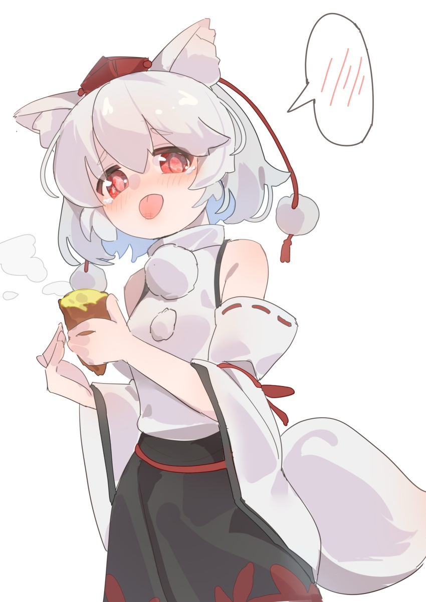 1girl absurdres animal_ear_fluff animal_ears bare_shoulders black_skirt detached_sleeves food grey_hair gumingdi_ban hair_between_eyes hat highres holding holding_food inubashiri_momiji looking_at_viewer red_eyes red_hat ribbon_trim roasted_sweet_potato shirt short_hair simple_background skirt sleeveless sleeveless_shirt solo sweet_potato tail tokin_hat tongue tongue_out touhou white_background white_shirt white_sleeves wide_sleeves wolf_ears wolf_girl wolf_tail