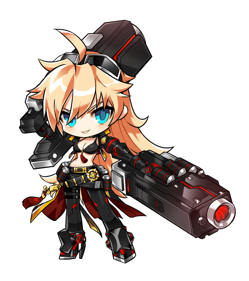 1girl absurdres ahoge belt belt_buckle black_belt black_boots black_bra black_gloves black_jacket black_pants blonde_hair blue_eyes boots bra breasts buckle chibi cleavage crossed_belts dual_wielding earrings elsword game_cg gloves goggles goggles_on_head gold_buckle grey-framed_eyewear gun hair_between_eyes high_heel_boots high_heels highres holding holding_gun holding_weapon huge_weapon hwansang jacket jewelry light_blush long_hair long_skirt long_sleeves looking_at_viewer multiple_belts official_art open_clothes open_jacket open_mouth over_shoulder pants red_skirt rose_(elsword) second-party_source showgirl_skirt skirt smile solo standing stomach tachi-e teeth transparent_background tsurime underwear very_long_hair weapon weapon_over_shoulder