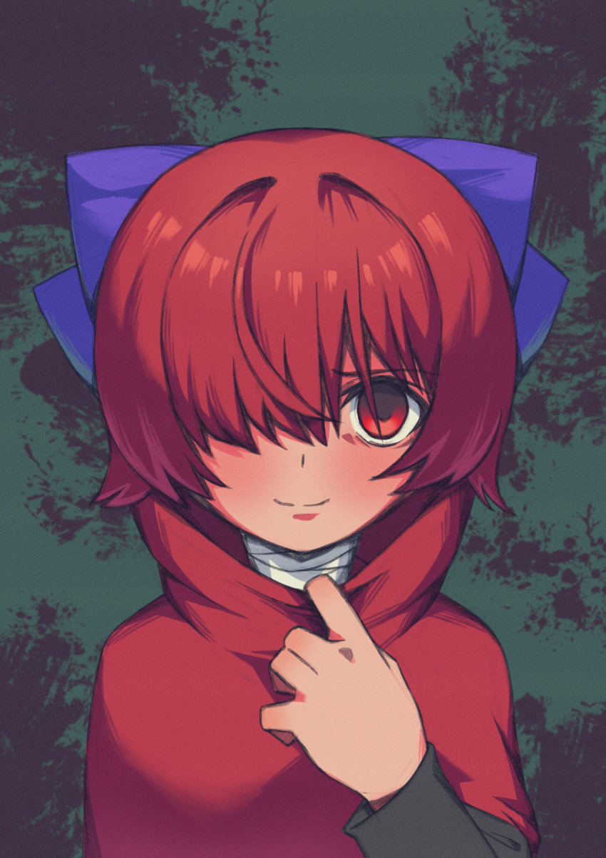1girl absurdres bandaged_neck bandages blue_bow bow cloak closed_mouth collar_tug commentary_request double_dealing_character hair_bow hair_over_one_eye hand_up high_collar highres long_bangs long_sleeves looking_at_viewer punidayo red_cloak red_eyes red_hair sekibanki short_hair simple_background smile solo touhou upper_body