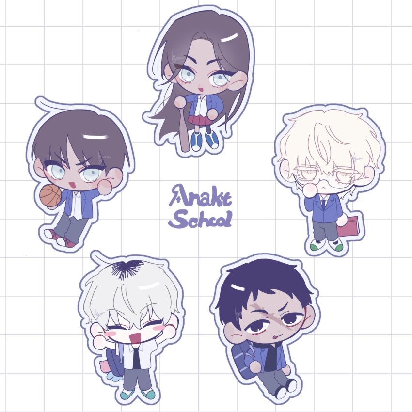 1girl 4boys alien_stage bag bag_charm ball baseball_bat basketball_(object) black_eyes black_hair black_hoodie black_pants black_shirt blonde_hair blue_bag blue_jacket blue_shoes blush_stickers book brown_hair charm_(object) chibi chibi_only closed_eyes collared_shirt colored_eyelashes dark-skinned_female dark-skinned_male dark_skin dewey_(alien_stage) english_text full_body green_shoes grey_eyes grid_background hand_on_own_face hand_on_own_hip highres holding holding_ball holding_baseball_bat holding_book hood hoodie hyuna_(alien_stage) hyunwoo_(alien_stage) isaac_(alien_stage) jacket jacket_over_hoodie kyon_(zmwh8222) luka_(alien_stage) multicolored_hair multiple_boys open_clothes open_shirt pants red_shoes red_skirt roots_(hair) scar scar_on_face shirt shoes shoulder_bag signature skirt tongue tongue_out white_shirt white_shoes yellow_eyes