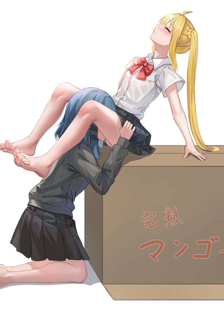 2girls absurdres ahoge bare_legs barefoot blonde_hair blue_hair blush bocchi_the_rock! bow bowtie box cardboard_box cardigan closed_eyes closed_mouth collared_shirt covered_mouth cunnilingus feet grey_cardigan grey_shirt grey_skirt hair_ornament hairclip hand_on_own_chest highres ijichi_nijika implied_cunnilingus long_hair multiple_girls on_box oral pleated_skirt pussy_juice red_bow red_bowtie reiku09 school_uniform shimokitazawa_high_school_uniform shirt short_hair short_sleeves side_ponytail sidelocks sitting sitting_on_box skirt white_background white_shirt yamada_ryo yuri