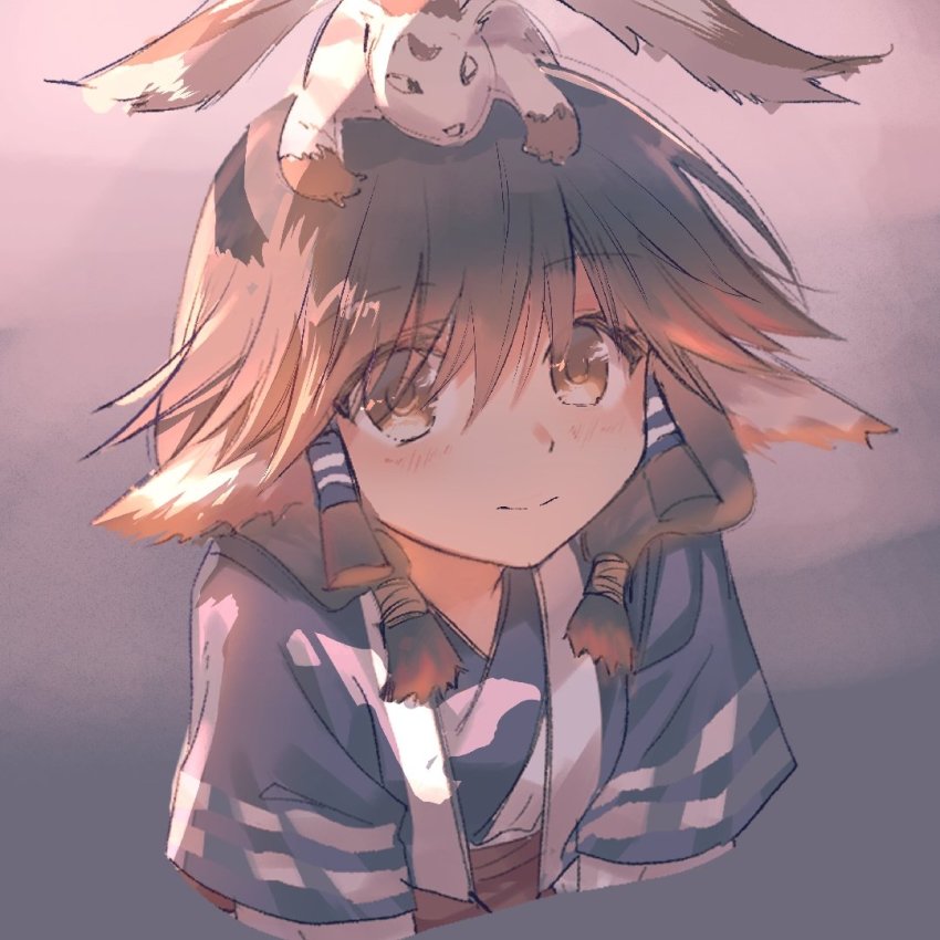 1girl ainu_clothes animal animal_ears animal_on_head aquaplus aruruu bcm blush breasts brown_eyes brown_hair closed_mouth gachatara gradient_eyes gradient_hair hair_between_eyes hair_over_shoulder layered_sleeves long_sleeves medium_hair multicolored_eyes multicolored_hair on_head raised_eyebrows sidelocks small_breasts smile upper_body utawarerumono wide_sleeves