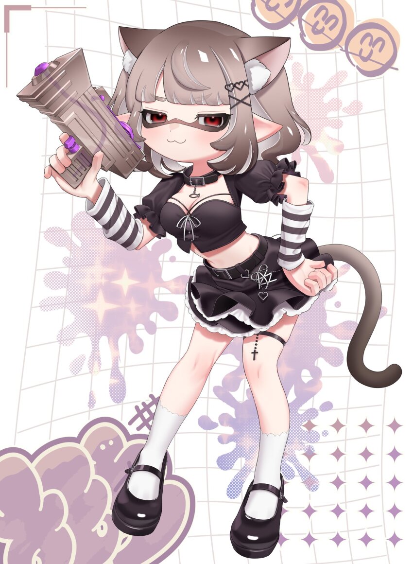 1girl :3 animal_ear_fluff animal_ears black_arm_warmers black_choker black_shirt black_shoes black_skirt breasts brown_hair cat_ears cat_girl cat_tail choker cleavage closed_mouth commentary_request commission crop_top extra_ears frilled_skirt frilled_sleeves frills full_body hair_ornament hand_on_own_hip heart heart_hair_ornament highres holding holding_weapon inkling inkling_girl inkling_player_character looking_at_viewer mary_janes medium_breasts medium_hair midriff narrowed_eyes navel nintendo pointy_ears puchiman puffy_short_sleeves puffy_sleeves red_eyes second-party_source shirt shoes short_sleeves skeb_commission skirt smile socks solo splatoon_(series) splattershot_jr._(splatoon) striped_arm_warmers tail tentacle_hair thigh_strap variant_set weapon white_arm_warmers white_socks x_hair_ornament