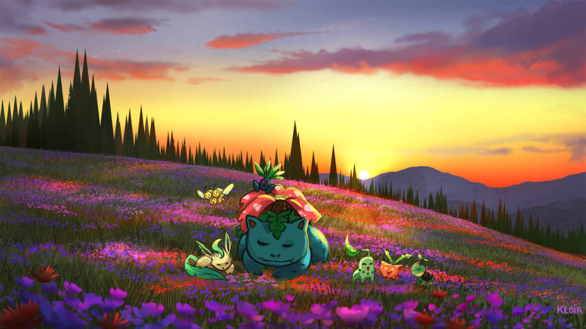 chikorita closed_eyes cloud combee commentary creatures_(company) dawn english_commentary flower forest game_freak gen_1_pokemon gen_2_pokemon gen_4_pokemon grass grasslands hoppip kloir landscape leafeon mountainous_horizon nature nintendo painterly pokemon pokemon_(creature) purple_flower red_flower scenery sky sleeping sun sunlight sunset tree turtwig venusaur yellow_sky
