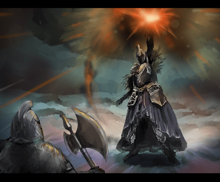 1boy 1other aby ambiguous_gender arm_up armor axe bearer_of_the_curse black_armor black_cape black_pants breastplate cape commentary_request dark_souls_(series) dark_souls_ii full_armor full_body fume_knight fur_collar helm helmet highres holding holding_axe knight letterboxed pants standard_bearer standing waist_cape