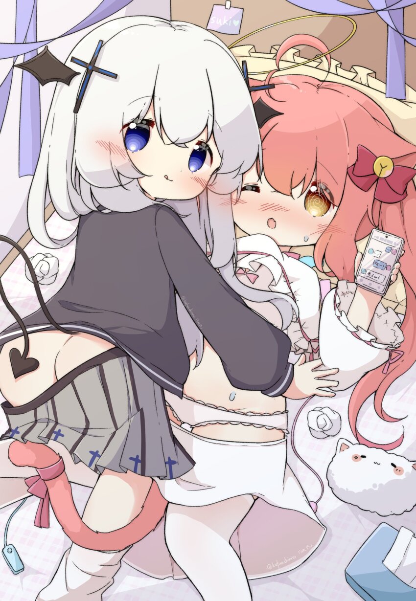 2girls ahoge animal_ears ass black_skirt blue_eyes blush bow cat_ears cat_tail closed_mouth hair_between_eyes hair_bow hair_ornament highres horns hug kafuushinno long_hair long_sleeves looking_at_viewer multiple_girls one_eye_closed open_mouth original panties pink_hair pleated_skirt ribbon school_uniform serafuku shirt skirt sleeves_past_wrists smile stuffed_toy tail thighhighs twintails underwear very_long_hair white_hair white_shirt yellow_eyes yuri
