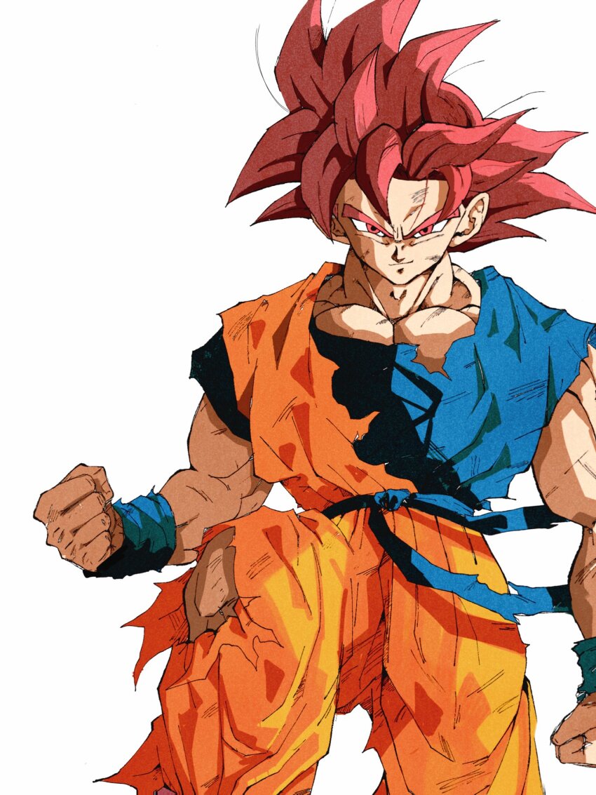 1boy blue_shirt clenched_hand dougi dragon_ball dragon_ball_super highres medium_hair muscular muscular_male orange_pants orange_shirt pants pato007711 red_eyes red_hair shirt simple_background solo son_goku spiked_hair super_saiyan super_saiyan_god torn_clothes torn_pants torn_shirt white_background
