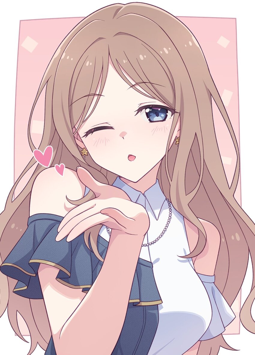 1girl bang_dream! bang_dream!_it&#039;s_mygo!!!!! blowing_kiss blue_eyes blush border brown_hair commentary e20 heart highres long_hair nagasaki_soyo one_eye_closed open_mouth outside_border pink_background sidelocks solo upper_body white_border