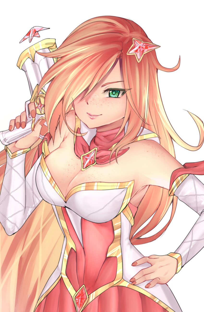 1girl bare_shoulders body_freckles breasts cleavage closed_mouth collar detached_collar detached_sleeves dot_nose dress eyelashes female_focus fingernails freckles freckles_on_breasts green_eyes gun hair_over_one_eye hand_on_own_hip hand_up holding holding_gun holding_weapon large_breasts league_of_legends lips long_hair looking_at_viewer magical_girl meemz_a miss_fortune_(league_of_legends) multicolored_dress nail_polish orange_hair orange_nails red_collar red_dress sailor_collar shoulder_freckles simple_background smile solo star_guardian_(league_of_legends) star_guardian_miss_fortune strapless strapless_dress two-tone_sailor_collar upper_body weapon white_background white_dress white_sailor_collar white_sleeves yellow_dress yellow_sailor_collar