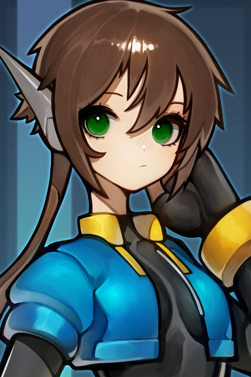 1girl absurdres aile_(mega_man_zx) black_bodysuit blue_background blue_jacket bodysuit bodysuit_under_clothes breasts brown_hair cropped_jacket green_eyes highres hoai_vu jacket long_hair medium_breasts mega_man_(series) mega_man_zx mega_man_zx_advent ponytail robot_ears simple_background solo upper_body