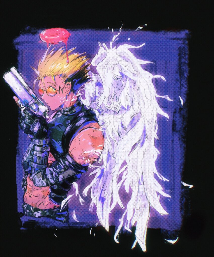 1boy agl_arms_.45_long_colt angel_wings aya1584361 black_gloves blonde_hair break-action_revolver earrings feathered_wings gloves gun halo handgun highres holding holding_gun holding_weapon jewelry low_bore_axis_revolver male_focus orange-tinted_eyewear profile prosthesis prosthetic_arm revolver round_eyewear short_hair single_earring solo sunglasses tinted_eyewear trigun upper_body vash_the_stampede weapon wings