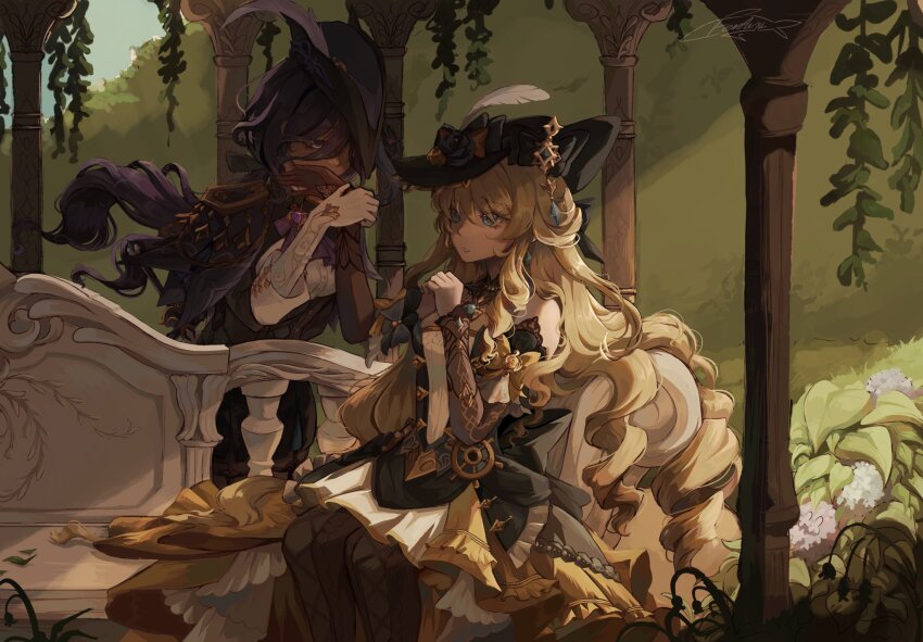 2girls ascot black_corset black_hat blonde_hair blue_eyes blue_gemstone blue_hat chair clorinde_(genshin_impact) commentary corset dress drill_hair drill_sidelocks english_commentary epaulettes fenayuquarium flower fold-over_gloves framed_breasts garter_straps gem genshin_impact hair_between_eyes hat hat_feather hat_flower highres kiss kissing_hand lace-trimmed_collar lace_trim leaf long_hair long_hair_between_eyes multiple_girls navia_(genshin_impact) outdoors pantyhose pillar purple_ascot shirt sidelocks signature sitting standing strapless strapless_dress taut_clothes taut_shirt tricorne very_long_hair vision_(genshin_impact) yuri