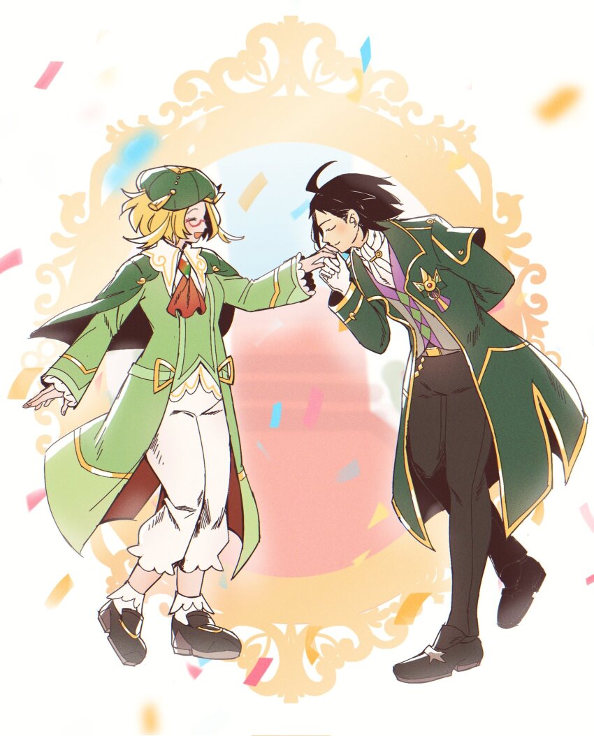1boy 1girl :d arm_behind_back bianca_(champion)_(pokemon) bianca_(pokemon) black_pants black_shoes blonde_hair cheren_(champion)_(pokemon) cheren_(pokemon) closed_eyes coat confetti from_side glasses gloves green_coat green_hat hat highres kiss kissing_hand leaning_forward long_sleeves miiyokoe nintendo official_alternate_costume open_clothes open_coat open_mouth pants pokemon pokemon_masters_ex semi-rimless_eyewear shirt shoes short_hair smile socks vest white_gloves white_shirt