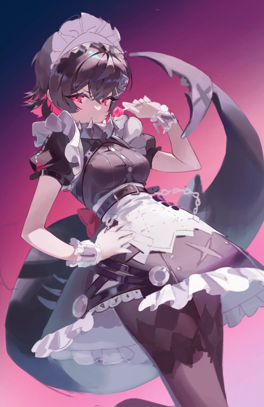 :/ apron black_dress black_hair black_pantyhose breasts candy colored_inner_hair coloringday crossed_bangs dress ellen_joe fins fish_tail food frilled_dress frilled_wrist_cuffs frills frown hair_between_eyes hand_on_own_hip highres holding holding_food lollipop looking_at_viewer maid_headdress multicolored_hair off-shoulder_shirt off_shoulder pantyhose red_eyes red_hair shark_girl shark_tail shirt short_hair small_breasts streaked_hair tail waist_apron white_apron wrist_cuffs zenless_zone_zero