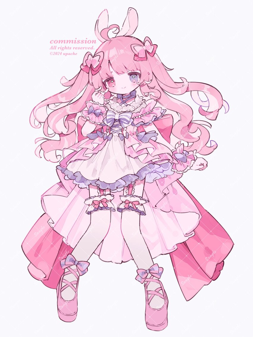1girl ahoge animal_ears artist_name back_bow blue_bow blue_bowtie blue_choker blush bow bow_choker bow_legwear bowtie choker closed_mouth commentary commission dress footwear_bow frilled_dress frilled_thighhighs frills full_body grey_eyes hair_bow hand_up heart heart_ahoge heterochromia highres long_hair looking_at_viewer original pink_bow pink_hair pink_shoes rabbit_ears rabbit_girl red_eyes sample_watermark shoes simple_background smile solo standing striped_bow striped_bowtie striped_clothes thighhighs two_side_up upache watermark watermark_grid white_background white_dress white_thighhighs wrist_cuffs