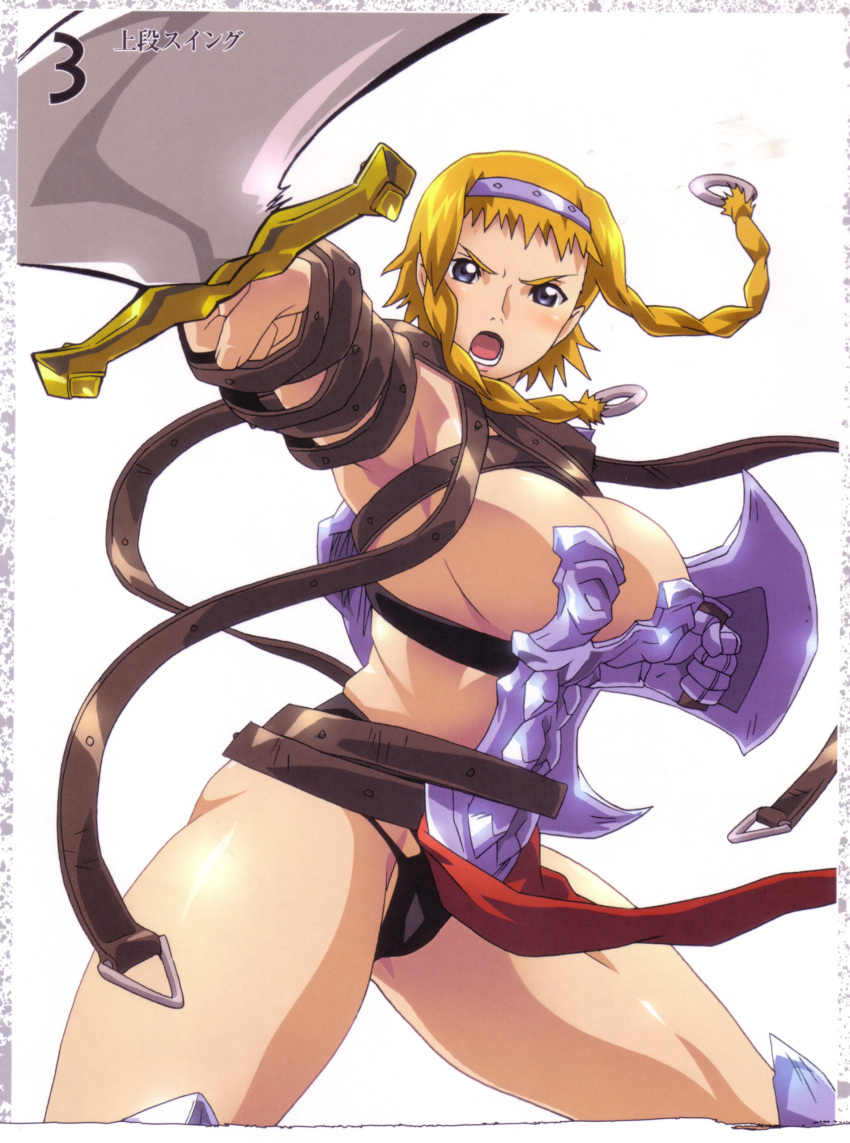 1girl absurdres armor artbook back blonde_hair blush boots braid buckle curvy exiled_warrior_leina female_focus hairband highres hisayuki_hirokazu leina_(queen&#039;s_blade) looking_at_viewer official_art queen&#039;s_blade queen&#039;s_blade_lost_worlds revealing_clothes scan shield shiny_skin short_hair_with_long_locks side_braid slashing solo spread_legs sweat sword thong twin_braids weapon