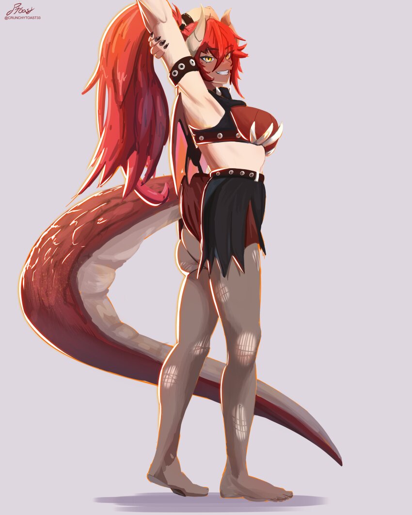 1girl absurdres arm_behind_head arms_up black_nails black_pantyhose black_skirt breasts closed_mouth crop_top crunchytoast33 dragon_girl dragon_horns dragon_tail dragon_wings highres horns large_breasts long_hair looking_at_viewer nail_polish pantyhose ponytail red_hair sideboob skirt smile solo tail torn_clothes torn_pantyhose virtual_youtuber vshojo wings yellow_eyes zentreya zentreya_(dragon) zentreya_(dragon)_(1st_costume)