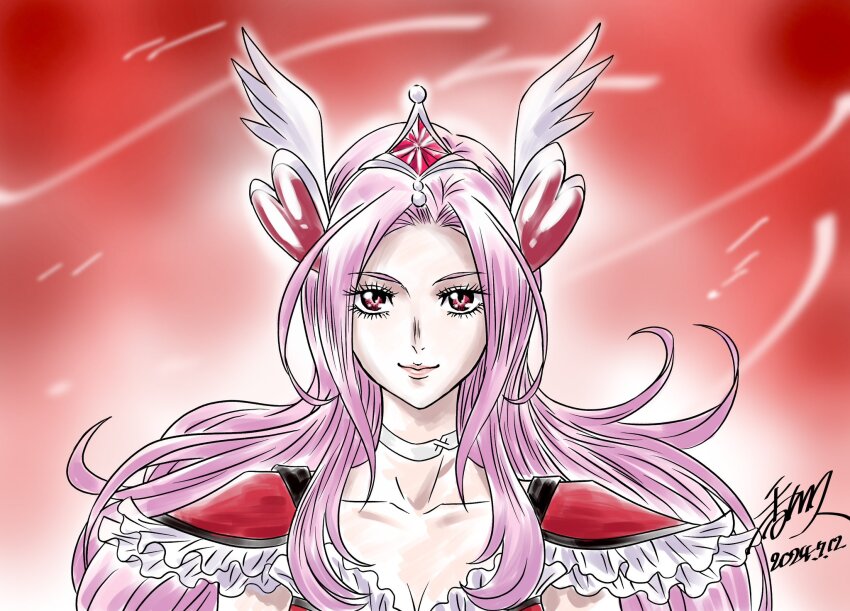 1girl blurry blurry_background breasts choker cleavage closed_mouth collarbone cure_passion diamond_(shape) diamond_hair_ornament dress eas_(fresh_precure!) eyelashes floating_hair fresh_precure! frilled_dress frills hair_ornament head_wings headband heart heart_hair_ornament higashi_setsuna highres jawbone kagawa_hisashi long_hair mature_female parted_bangs pink_hair precure red_background red_eyes red_headband short_sleeves signature solo solo_focus upper_body wings