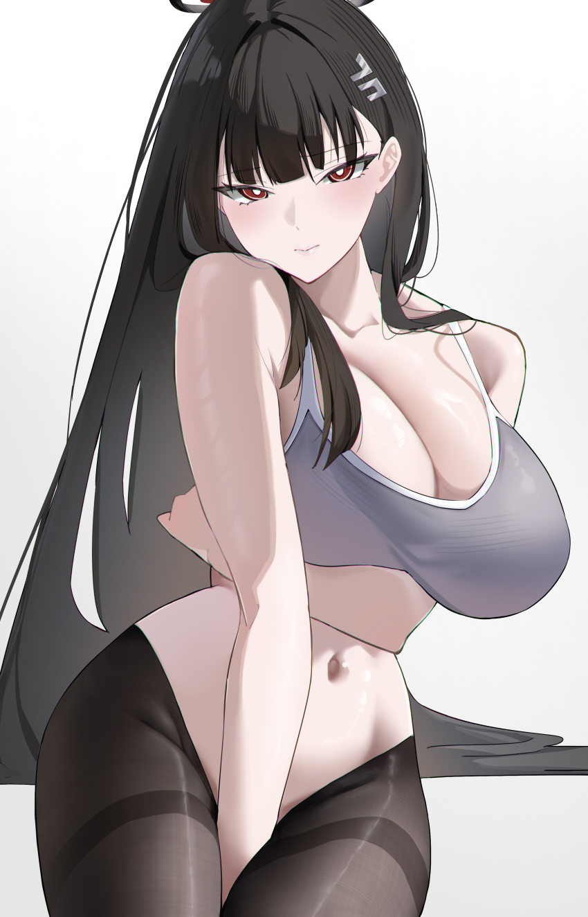 1girl absurdres alternate_costume arm_between_legs arm_under_breasts black_hair black_pantyhose blue_archive blush breasts bright_pupils cleavage collarbone commentary_request crotchless crotchless_pantyhose grey_sports_bra halo highres huge_breasts katagiri_nanoka long_hair looking_at_viewer navel pantyhose partial_commentary red_eyes ringed_eyes rio_(blue_archive) simple_background solo sports_bra stomach straight_hair very_long_hair white_background white_pupils