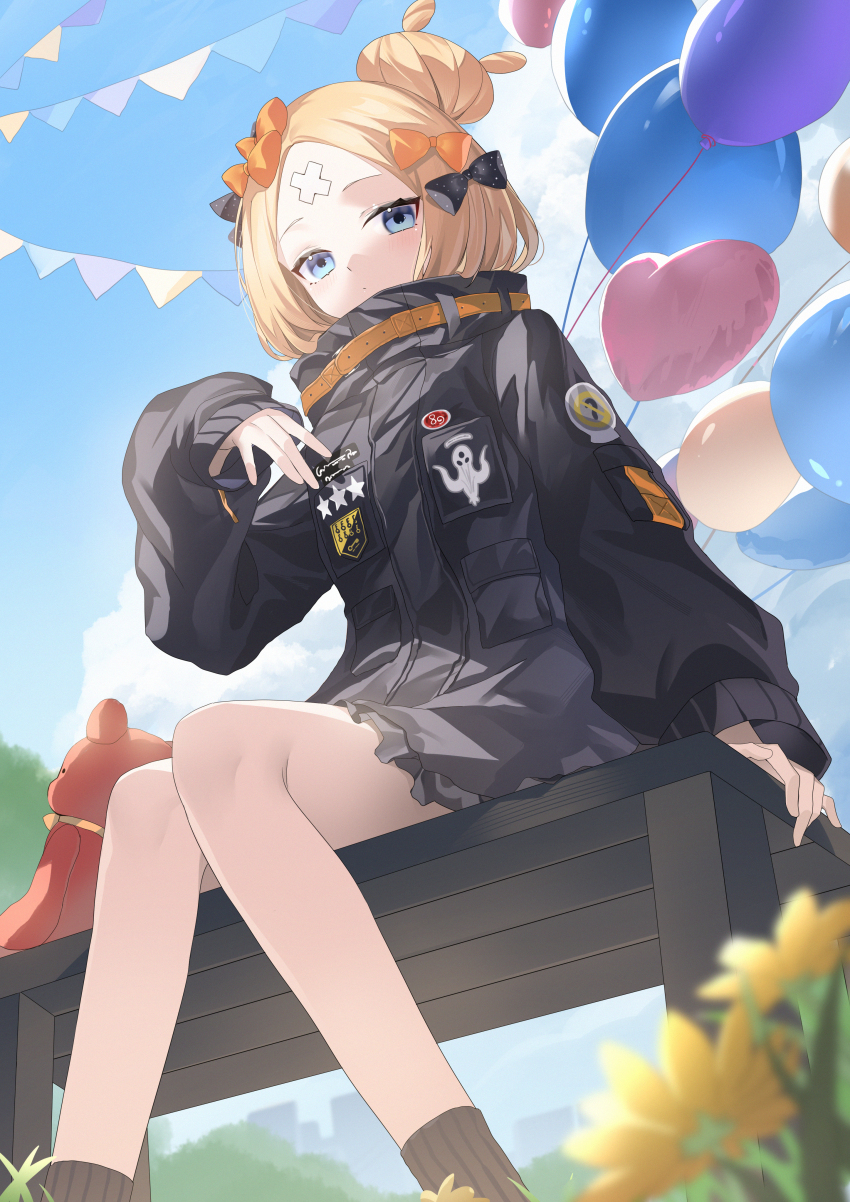1girl abigail_williams_(fate) abigail_williams_(traveling_outfit)_(fate) absurdres balloon bandaid bandaid_on_face bandaid_on_forehead black_jacket blonde_hair blue_eyes blue_sky bow crossed_bandaids expressionless fate/grand_order fate_(series) hair_bow hair_bun heart_balloon highres jacket looking_at_viewer miyu10366 multiple_hair_bows outdoors sitting sky solo stuffed_animal stuffed_toy teddy_bear