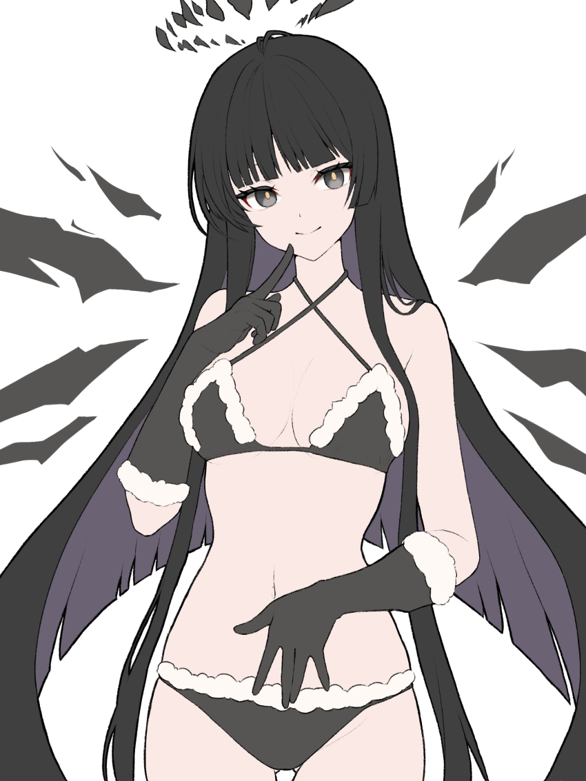 1girl absurdres arknights black_bra black_eyes black_gloves black_hair black_halo black_panties blunt_bangs blunt_ends bra breasts closed_mouth colored_inner_hair cowboy_shot criss-cross_halter detached_wings dr.lamina elbow_gloves finger_to_cheek flat_color floating_hair fur-trimmed_bra fur-trimmed_gloves fur-trimmed_panties fur_trim gloves halo halterneck highres long_hair looking_at_viewer medium_breasts multicolored_hair panties purple_hair simple_background smile solo split_mouth standing underwear underwear_only very_long_hair virtuosa_(arknights) white_background wings yellow_pupils