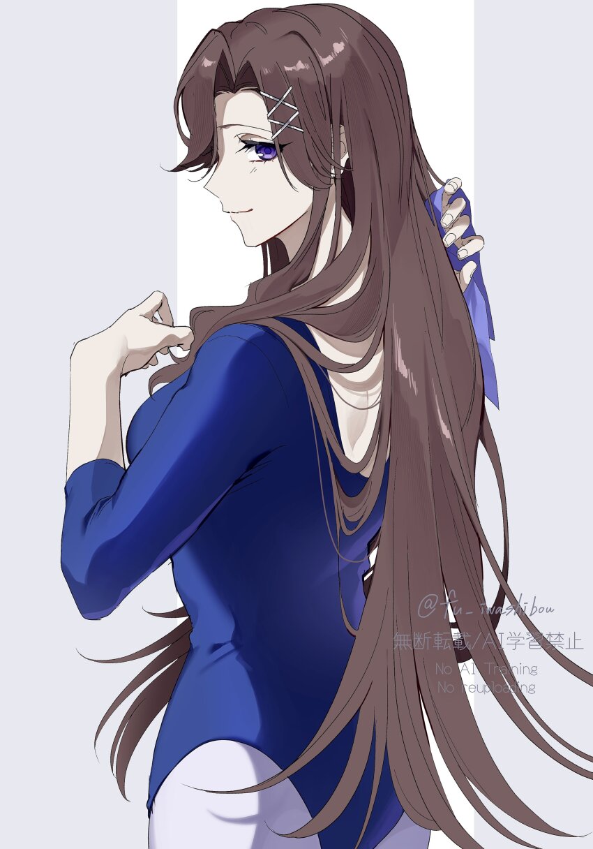 1girl absurdres ass athletic_leotard blue_leotard breasts brown_hair closed_mouth cowboy_shot fingernails from_behind fu_iwashibou grey_background hair_ornament hands_up highres holding holding_ribbon leotard long_hair looking_at_viewer looking_back medium_breasts pantyhose parted_bangs profile purple_eyes purple_ribbon ribbon shoujo_kageki_revue_starlight sidelocks sideways_glance smile solo standing tendou_maya three-quarter_sleeves twitter_username two-tone_background unworn_ribbon very_long_hair watermark white_background white_pantyhose x_hair_ornament