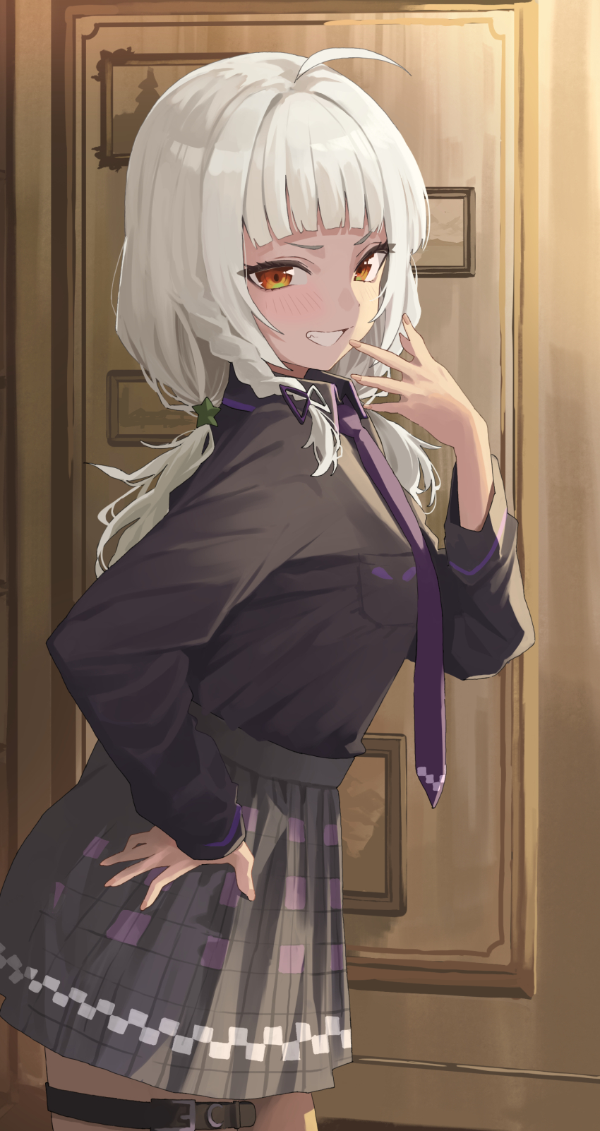 1girl absurdres ahoge art_mu belt black_shirt braid collared_shirt grey_hair hair_ornament hand_on_own_hip hand_up highres hololive indoors long_hair long_sleeves looking_at_viewer murasaki_shion necktie open_mouth purple_necktie shirt skirt smile solo standing thigh_belt thigh_strap virtual_youtuber