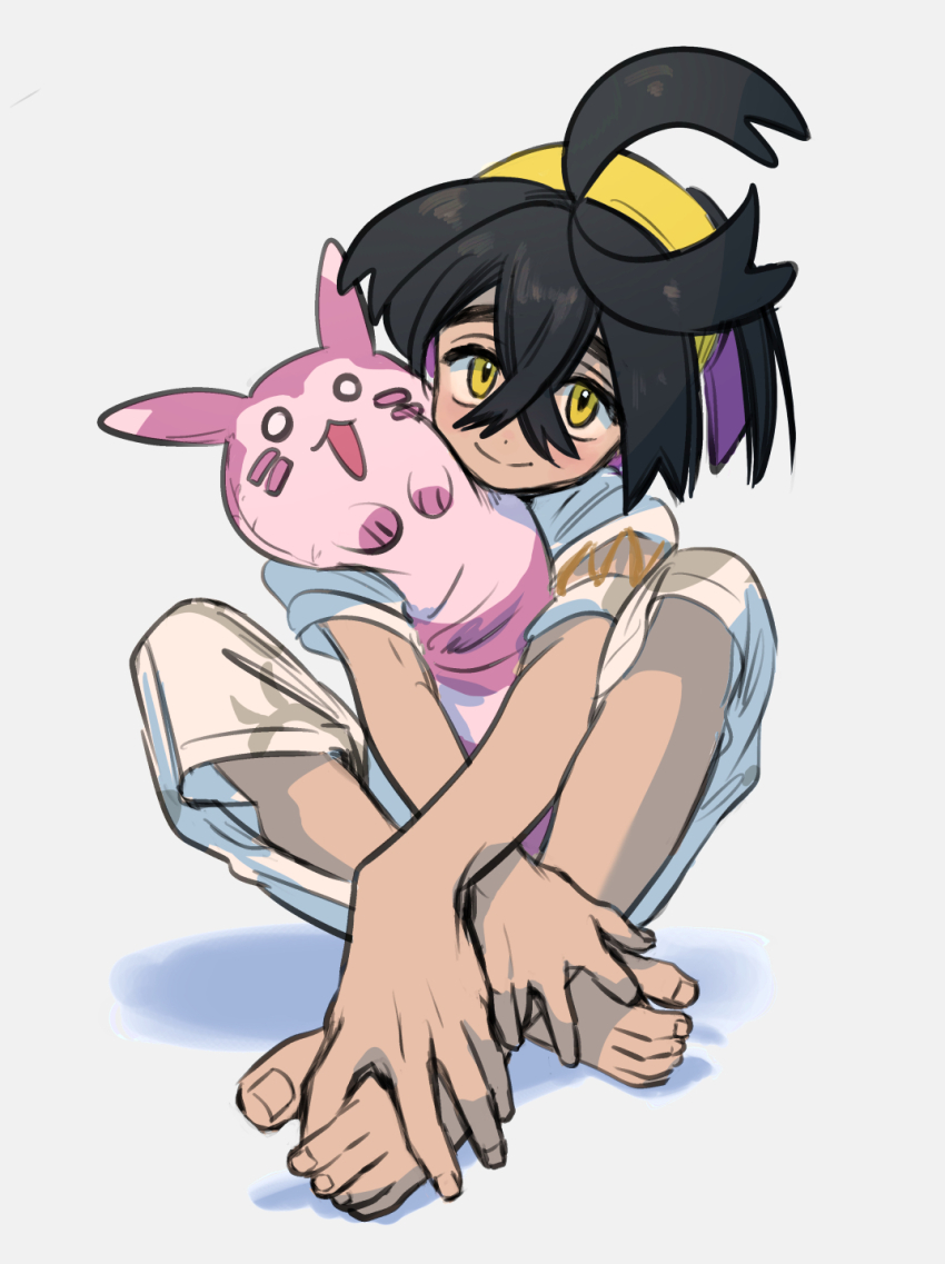 1boy assassinookayu barefoot black_hair closed_mouth crossed_bangs feet furret gen_2_pokemon grey_background hair_between_eyes hairband highres holding holding_stuffed_toy japanese_clothes kieran_(pokemon) looking_at_viewer male_focus multicolored_hair nintendo pokemon pokemon_sv purple_hair short_sleeves simple_background sitting solo stuffed_toy toes yellow_eyes yellow_hairband