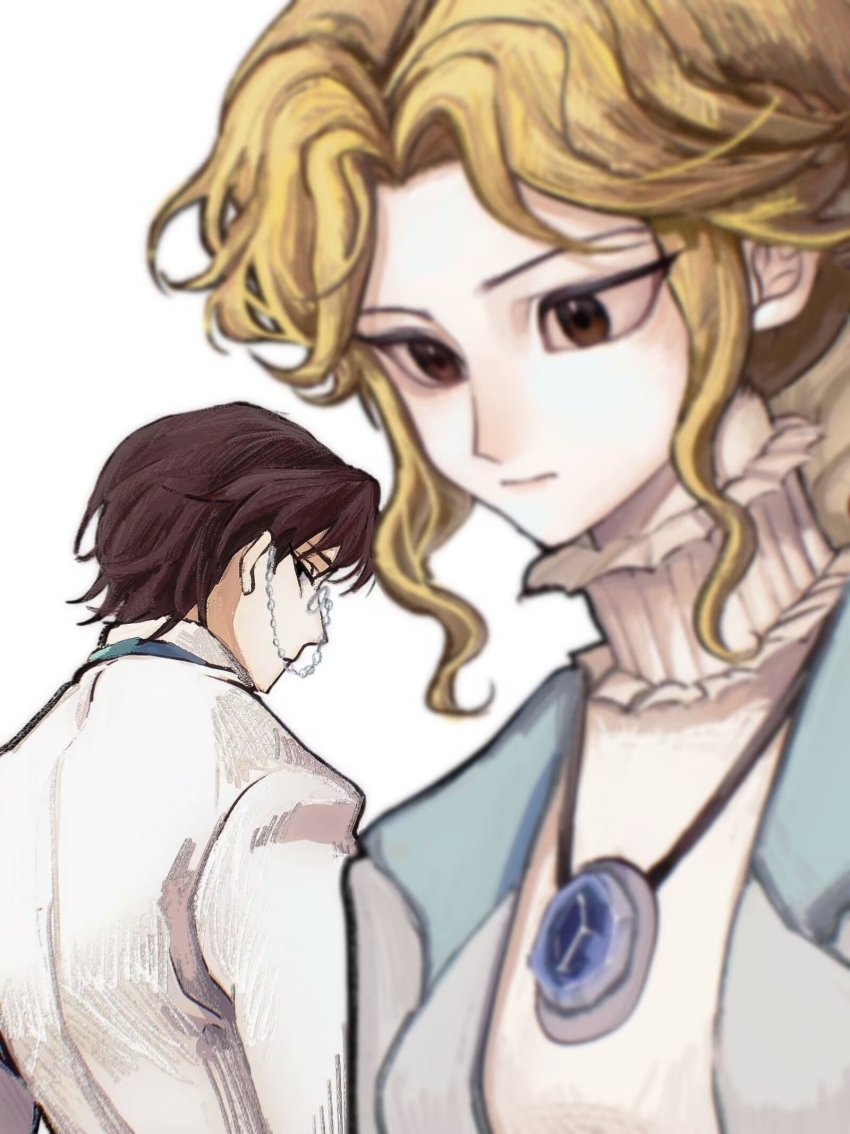 1boy 1girl alice_deross beijingban18388 black_eyes blonde_hair blurry blurry_background brown_hair chinese_commentary commentary_request curtained_hair highres identity_v jacket jewelry monocle monocle_chain necklace open_clothes open_jacket orpheus_(identity_v) parted_bangs shirt short_hair simple_background variant_set wavy_hair white_background white_jacket white_shirt